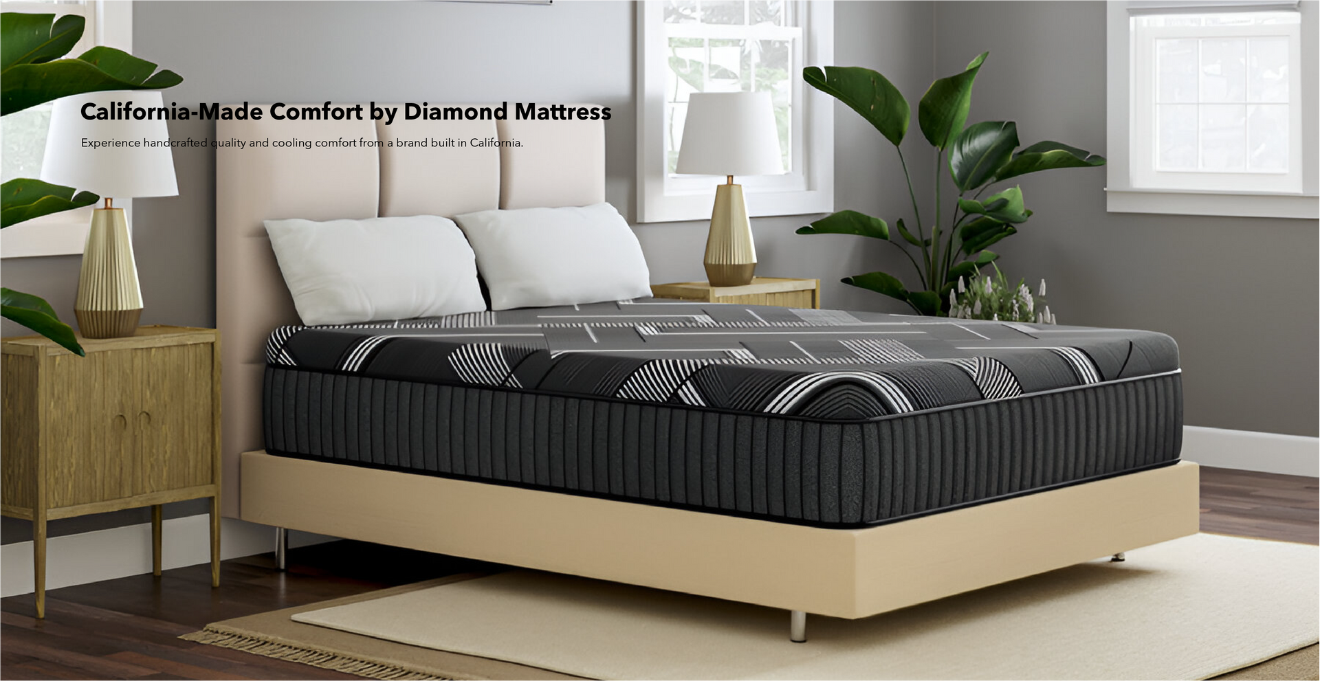 Beige bed frame with a black and gray mattress in a room setting.