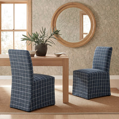 Aster Denim Windowpane Check Linen Cotton Blend Slipcovered Dining Chairs (Set of 2) - Ornate Home