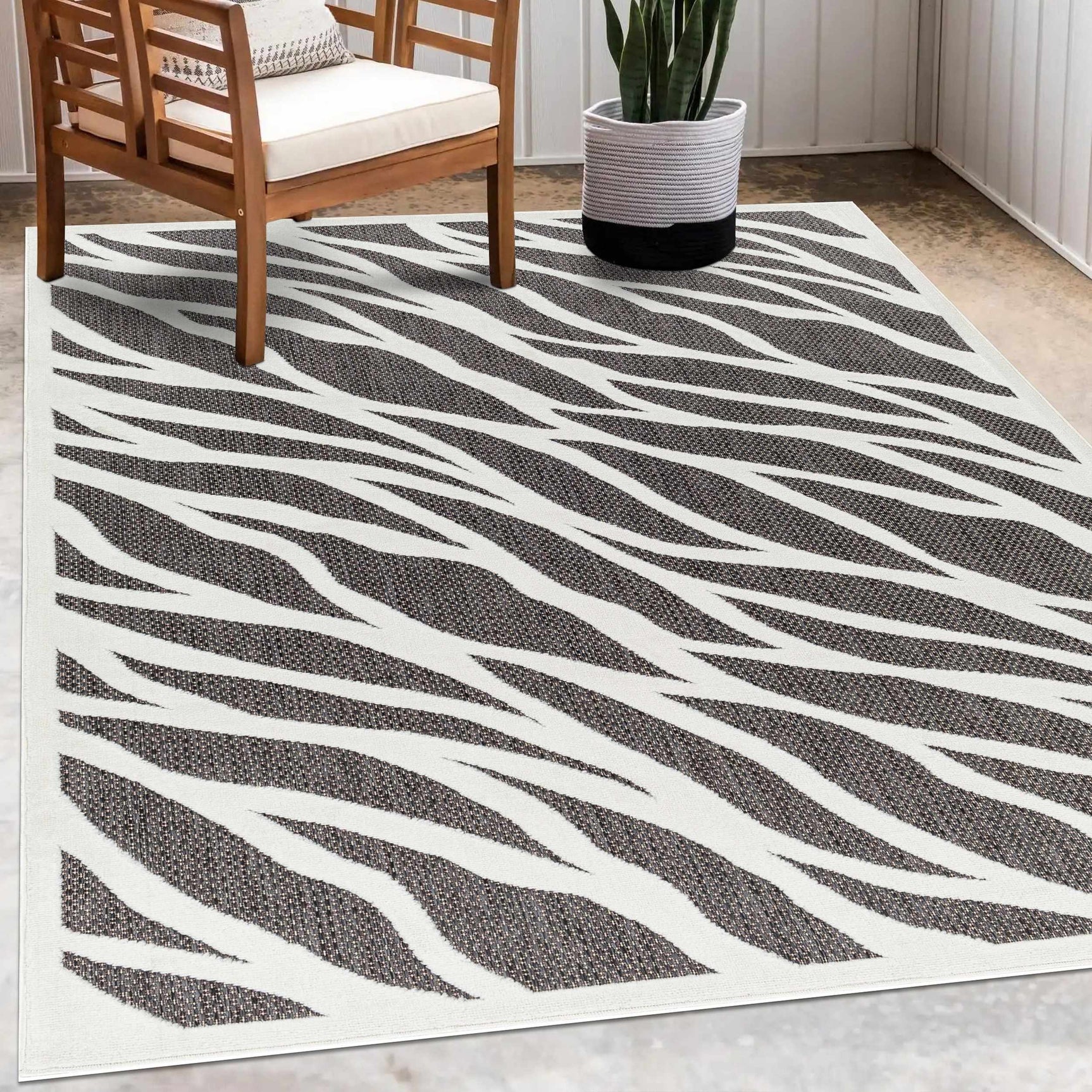 Astra Zebra Print Black Outdoor Rug - Clearance - Ornate Home
