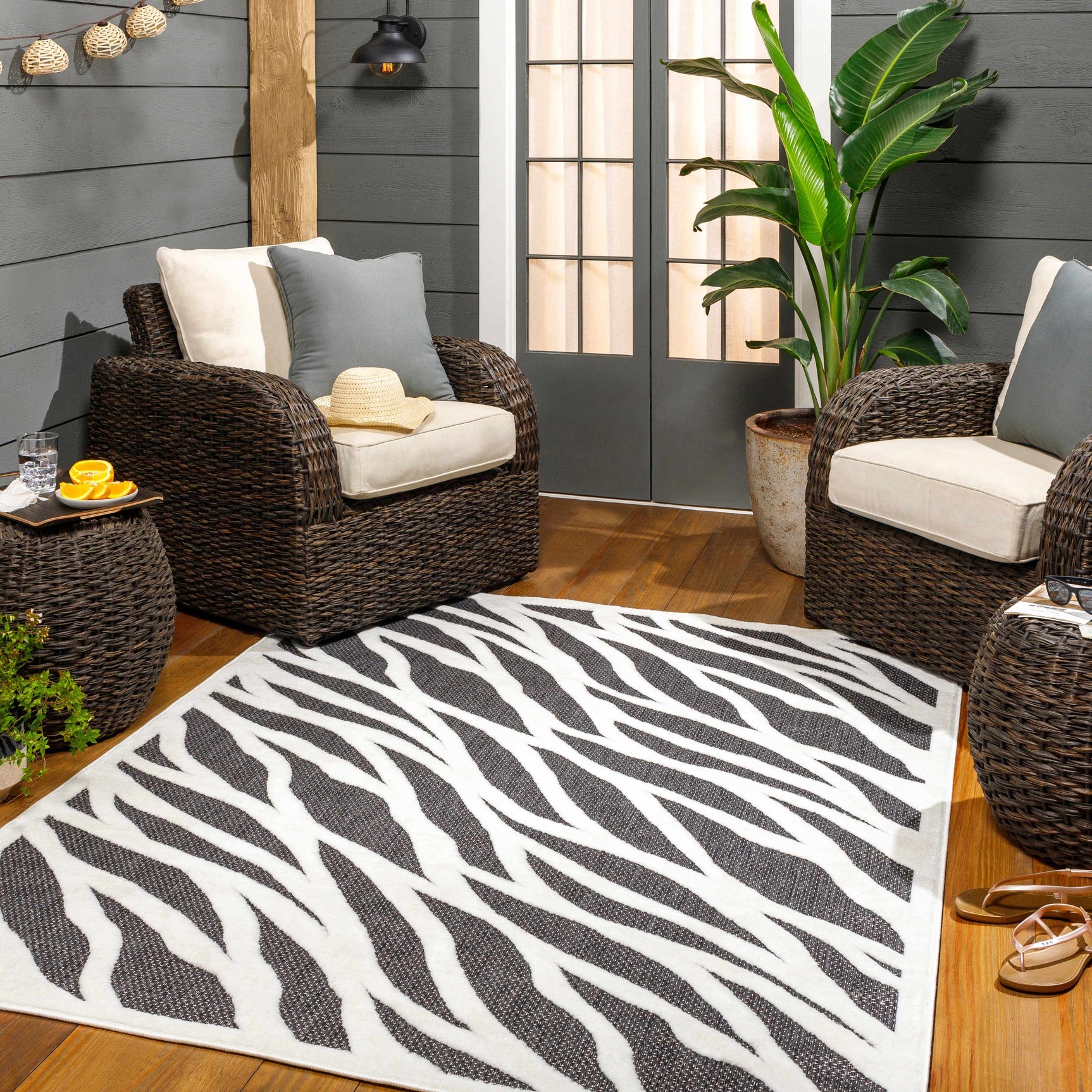 Astra Zebra Print Black Outdoor Rug - Clearance - Ornate Home