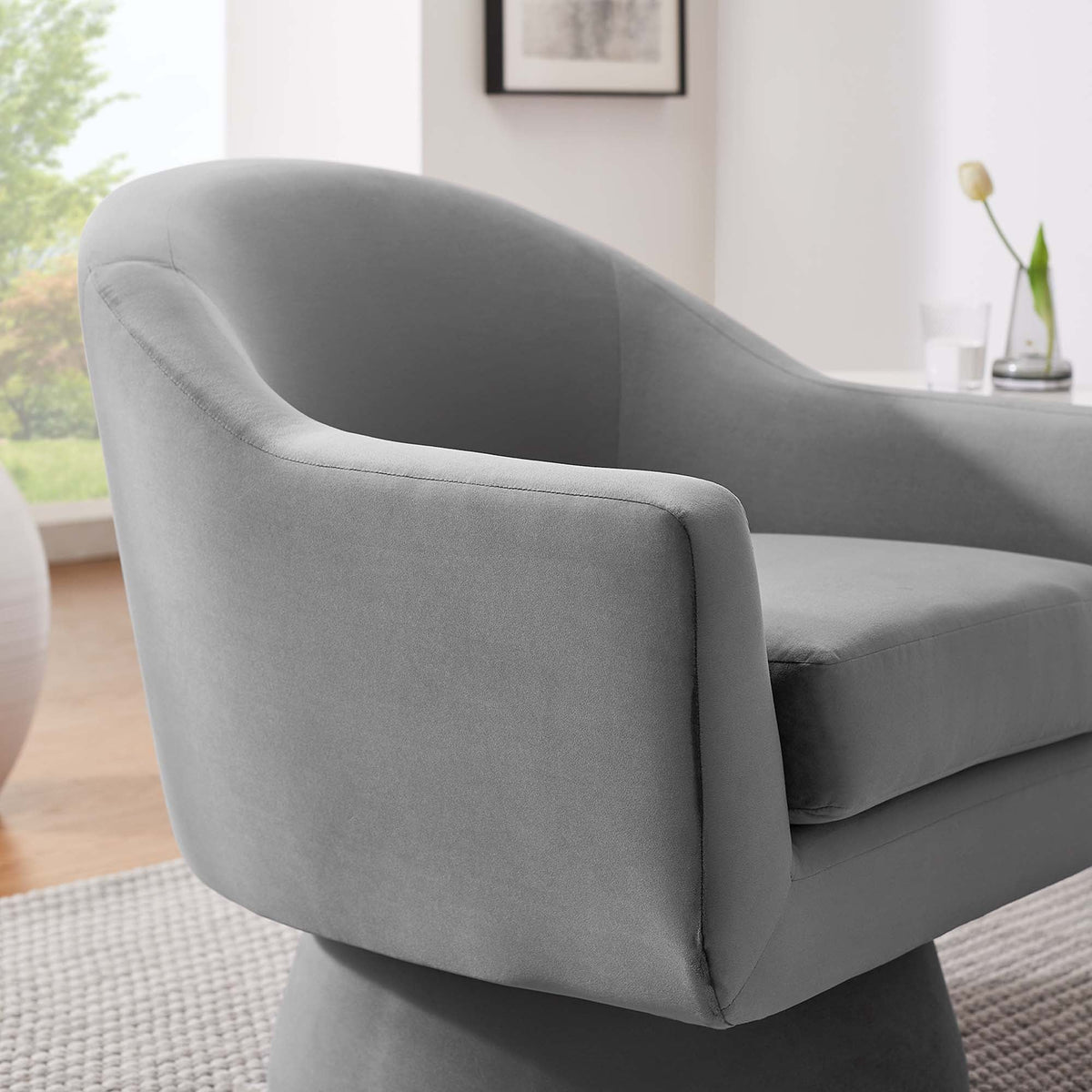 Astral Gray Performance Velvet Fabric and Wood Swivel Chair - Ornate Home