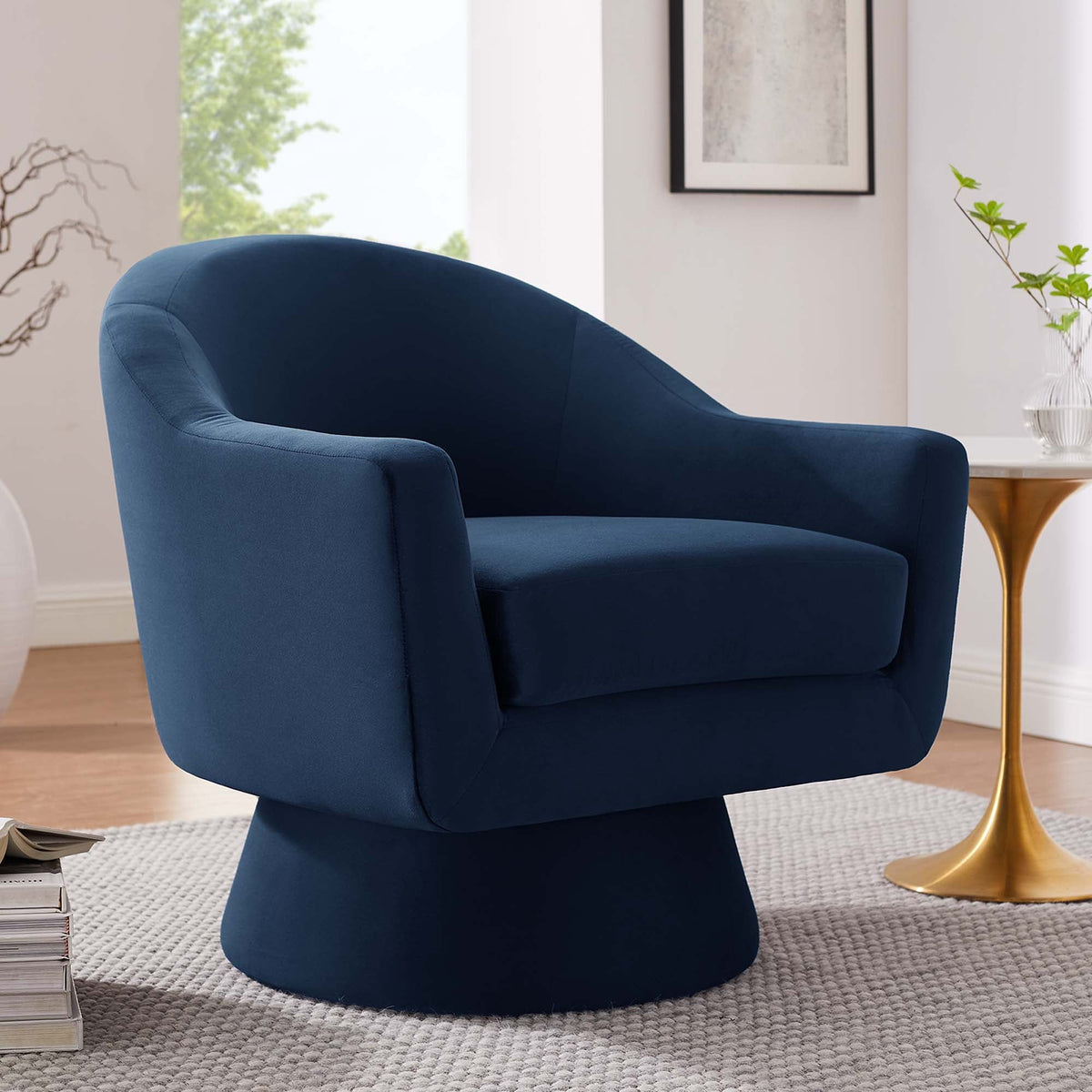 Astral Midnight Blue Performance Velvet Fabric and Wood Swivel Chair - Ornate Home