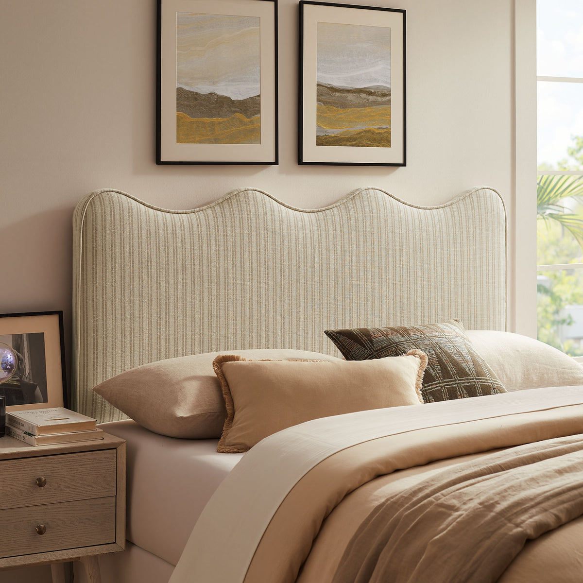 Athena Oatmeal Stripe Striped Fabric Upholstered King Size Headboard - Ornate Home
