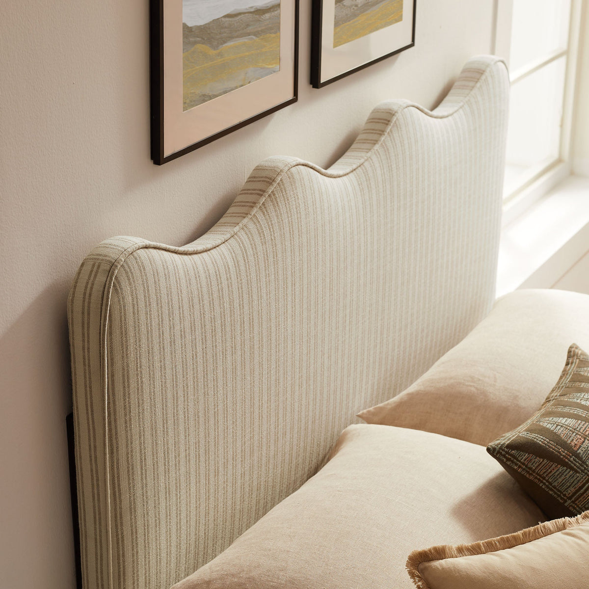 Athena Oatmeal Stripe Striped Fabric Upholstered Queen Size Headboard - Ornate Home