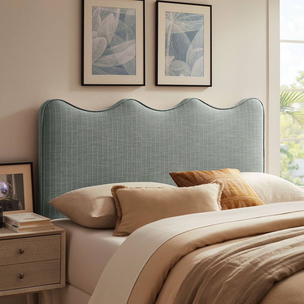 Athena Spa Blue Stripe Striped Fabric Upholstered King Size Headboard - Ornate Home