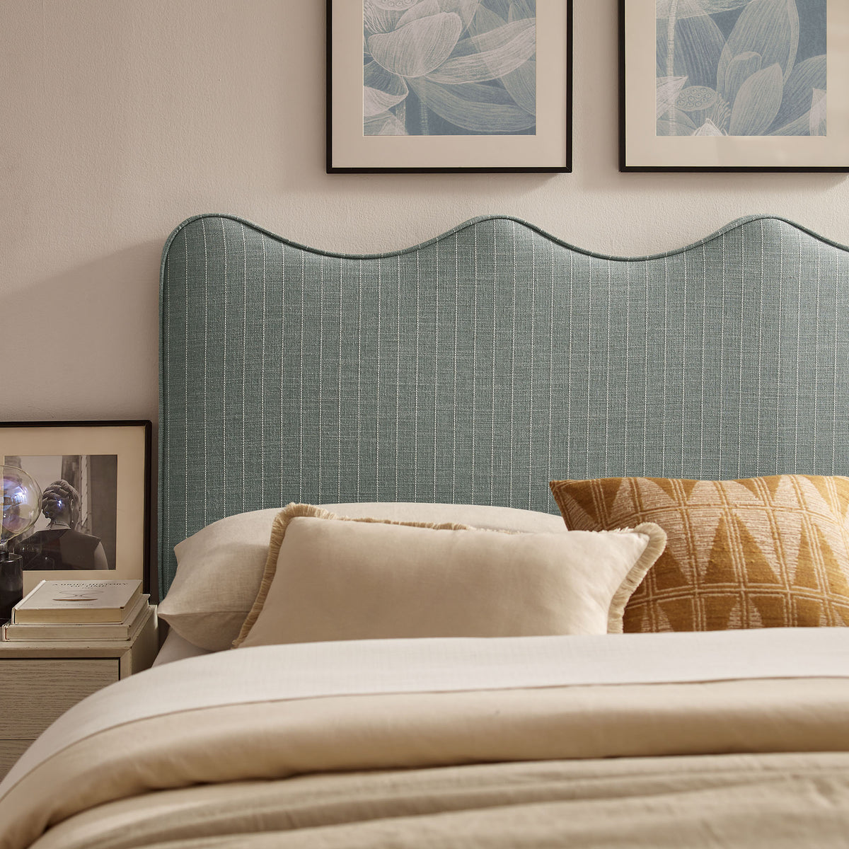Athena Spa Blue Stripe Striped Fabric Upholstered King Size Headboard - Ornate Home