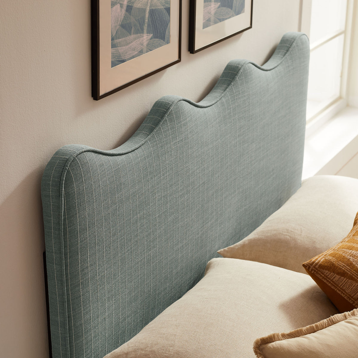 Athena Spa Blue Stripe Striped Fabric Upholstered Queen Size Headboard - Ornate Home