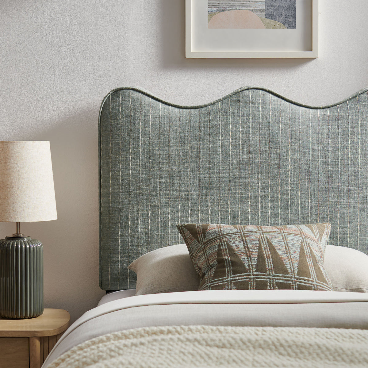 Athena Spa Blue Stripe Striped Fabric Upholstered Twin Size Headboard - Ornate Home