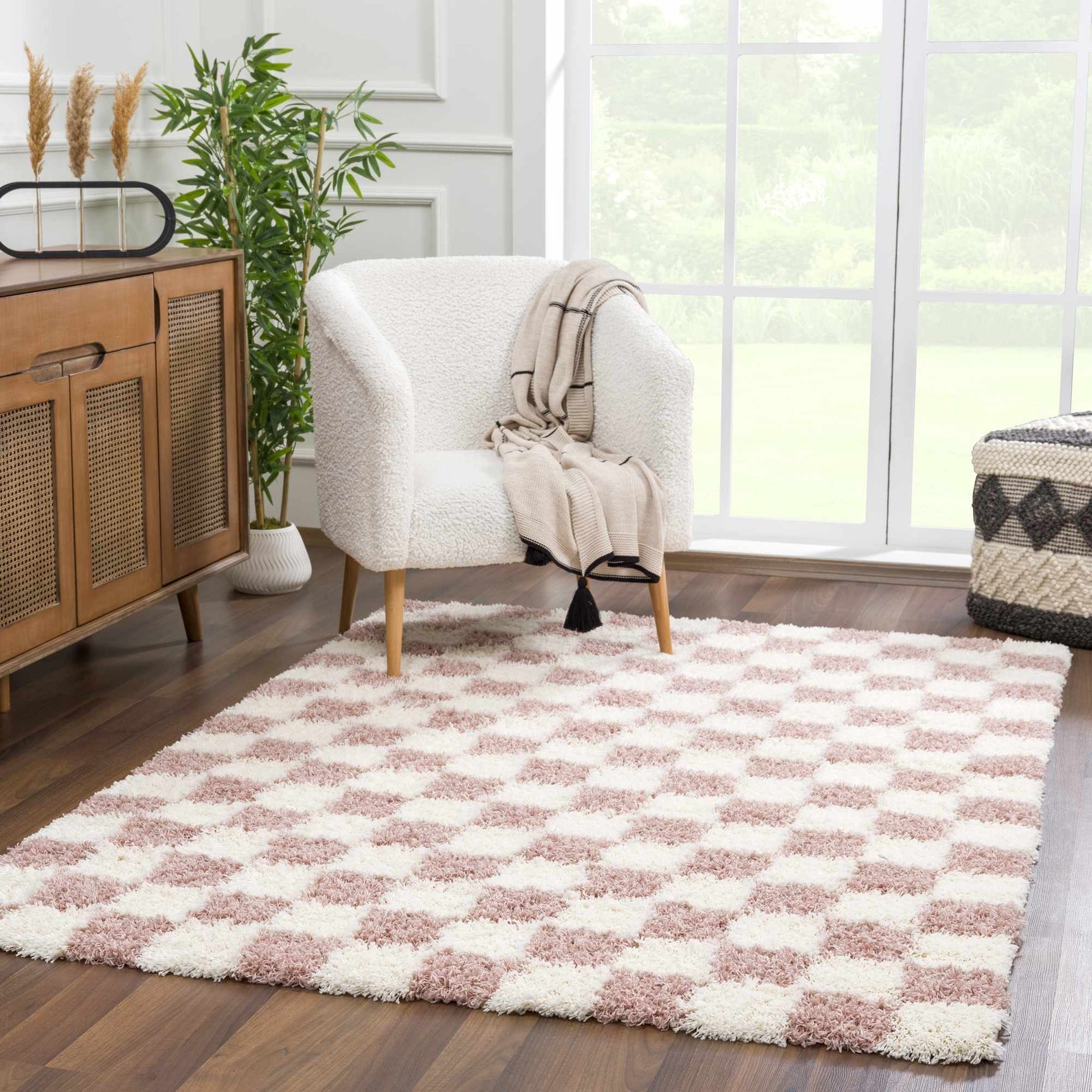 Atira Pink Checkered Shag Rug - Ornate Home