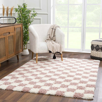 Atira Pink Checkered Shag Rug - Ornate Home