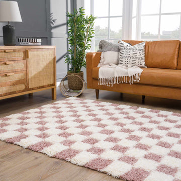 Atira Pink Checkered Shag Rug - Ornate Home