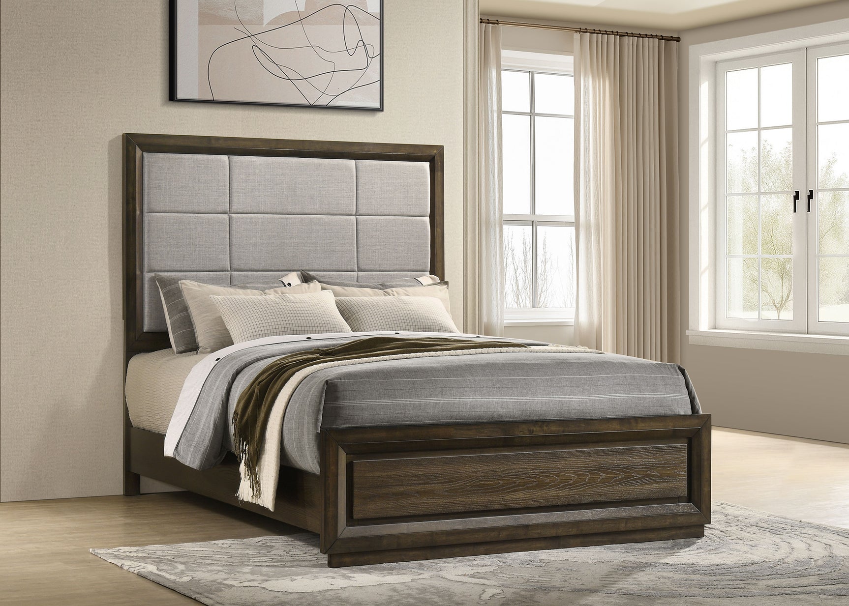 Atlas Grey/Dark Oak 63-inch Queen Upholstered Panel Bed - Ornate Home