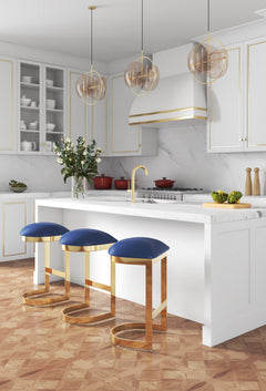 Aura Bar Stool in Blue and Polished Brass (set of 3) - Ornate Home