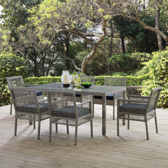 Aura Gray/Navy 7 Piece Outdoor Patio Wicker Rattan Set - Ornate Home