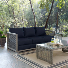 Aura Gray/Navy Outdoor Patio Wicker Rattan Sofa - Ornate Home