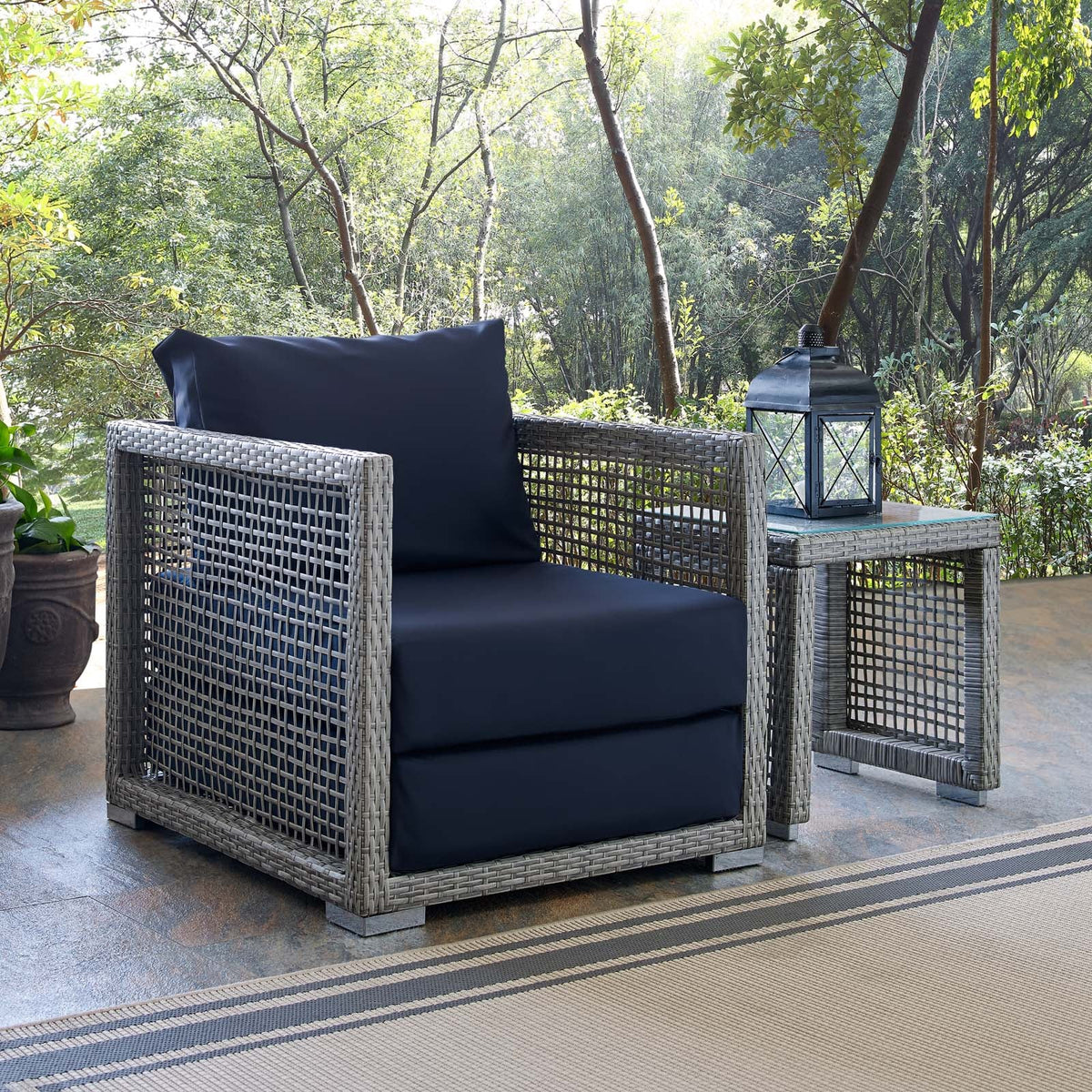 Aura Gray/Navy Rattan Outdoor Patio Armchair - Ornate Home
