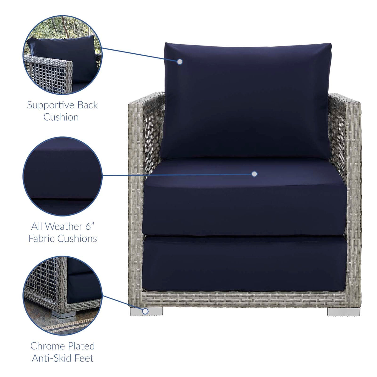 Aura Gray/Navy Rattan Outdoor Patio Armchair - Ornate Home