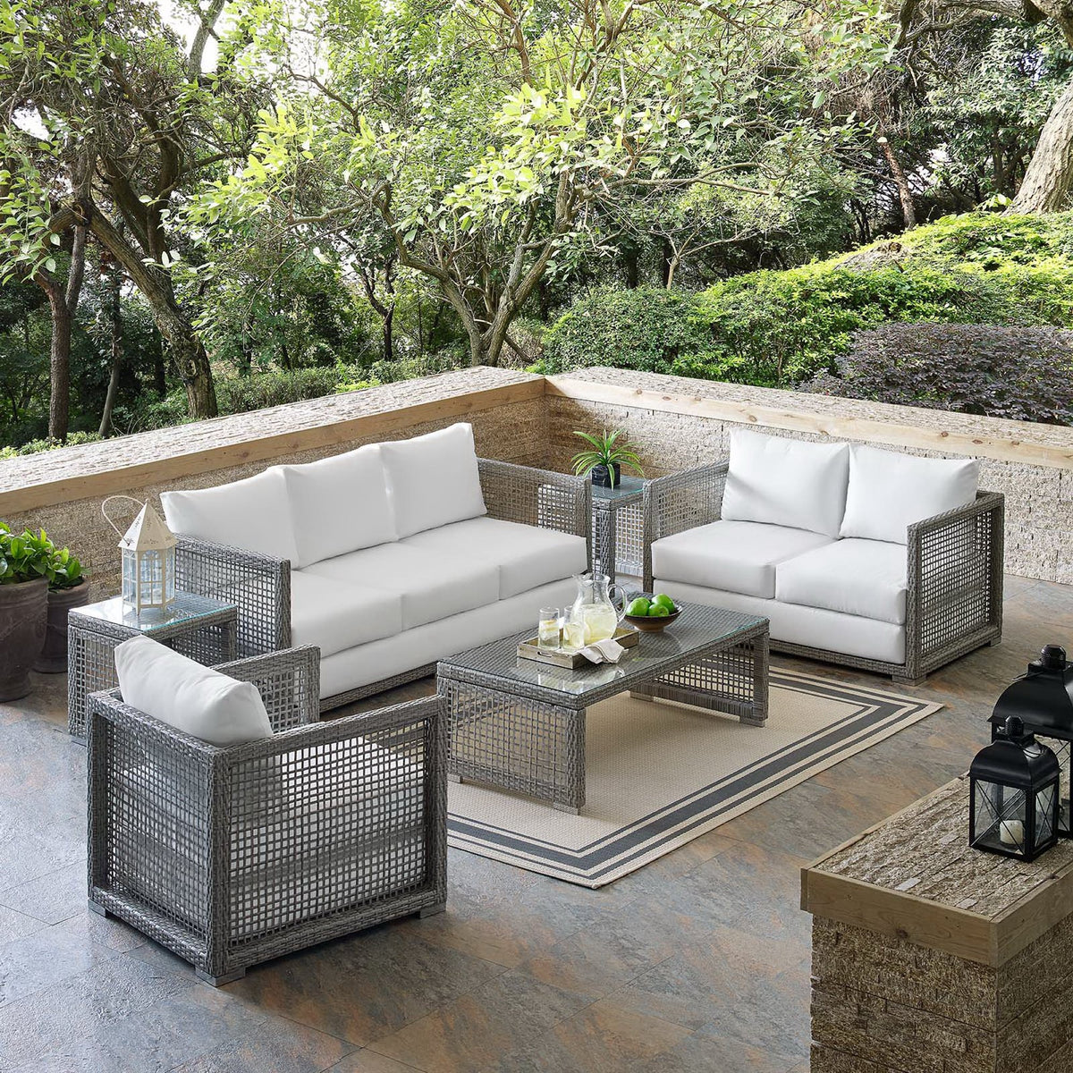 Aura Gray/White 6 Piece Outdoor Patio Wicker Rattan Set - Ornate Home