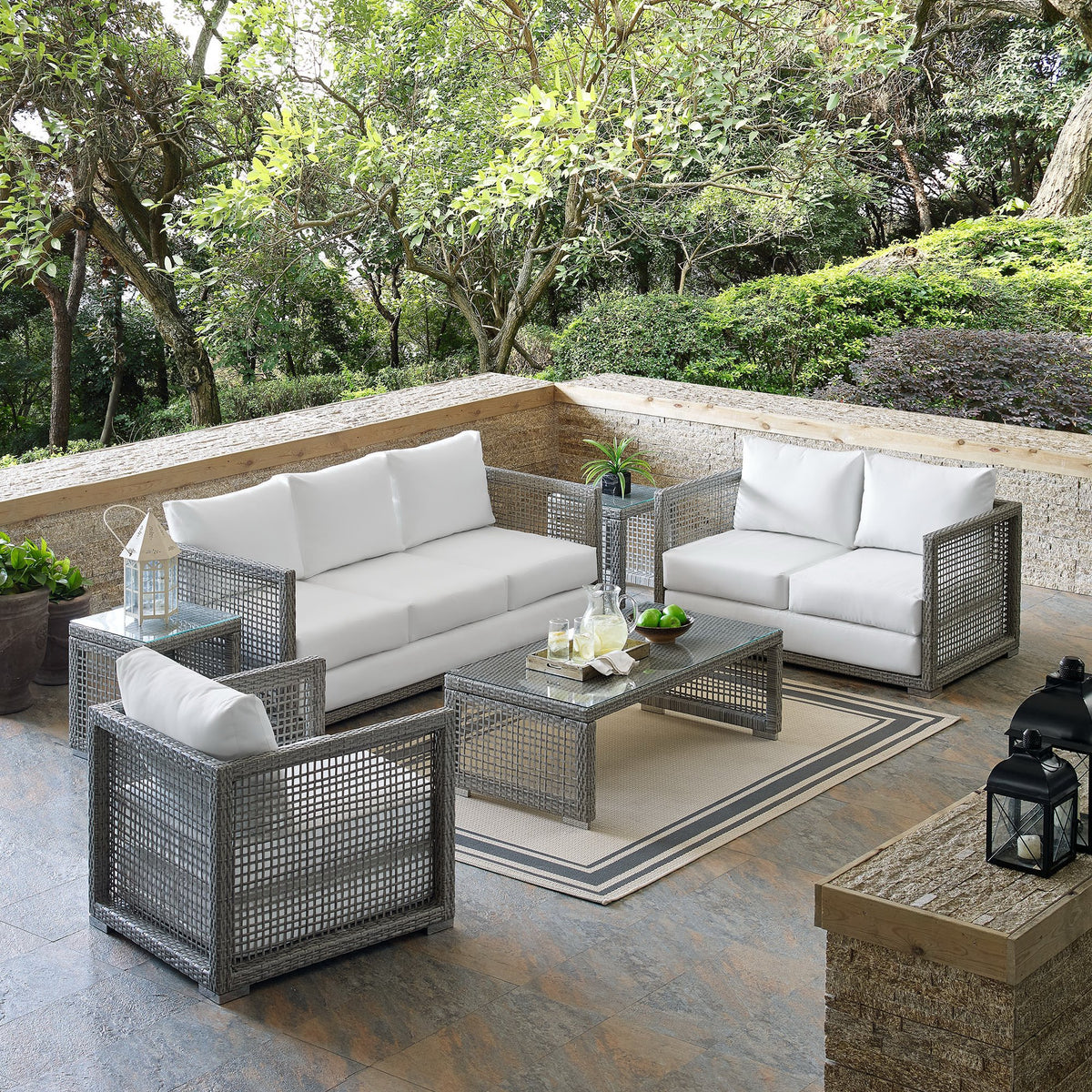 Aura Gray/White 6 Piece Outdoor Patio Wicker Rattan Set - Ornate Home