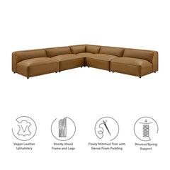 Auren Camel 5-Piece Upholstered Armless L-Shaped Vegan Leather Modular Sofa - Ornate Home