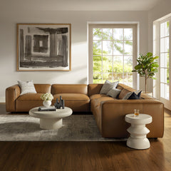 Auren Camel 5-Piece Upholstered Vegan Leather Modular L-Shaped Sofa - Ornate Home