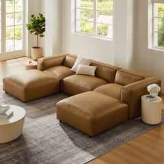 Auren Camel 5-Piece Upholstered Vegan Leather Modular U-Shaped Sofa - Ornate Home