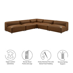 Auren Coffee 5-Piece Upholstered Armless L-Shaped Vegan Leather Modular Sofa - Ornate Home