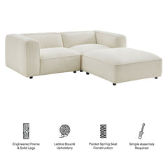 Auren Cream 3 Piece Lattice Bouclé Upholstered Modular Loveseat with Ottoman - Ornate Home