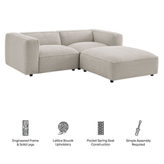 Auren Fog 3 Piece Lattice Bouclé Upholstered Modular Loveseat with Ottoman - Ornate Home
