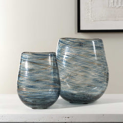 Aurora Blue/Gold Swirl Glass Vases (Set of 2) - Ornate Home