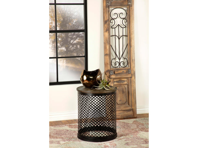 Aurora Natural and Black Round Drum Base Accent Side Table - Ornate Home