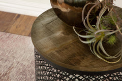 Aurora Natural and Black Round Drum Base Accent Side Table - Ornate Home