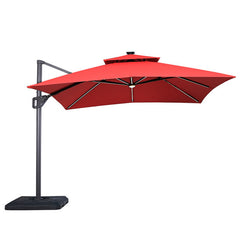 Aurora Red 10 Ft Square Umbrella w/ Double Top w/ LED Light + 37" Large Base - Ornate Home
