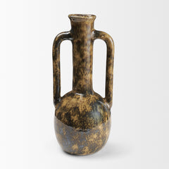 Aven Brown Mottled Glazed Ceramic Tall Neck Decorative Vase with Handles - Ornate Home
