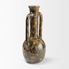 Aven Brown Mottled Glazed Ceramic Tall Neck Decorative Vase with Handles - Ornate Home