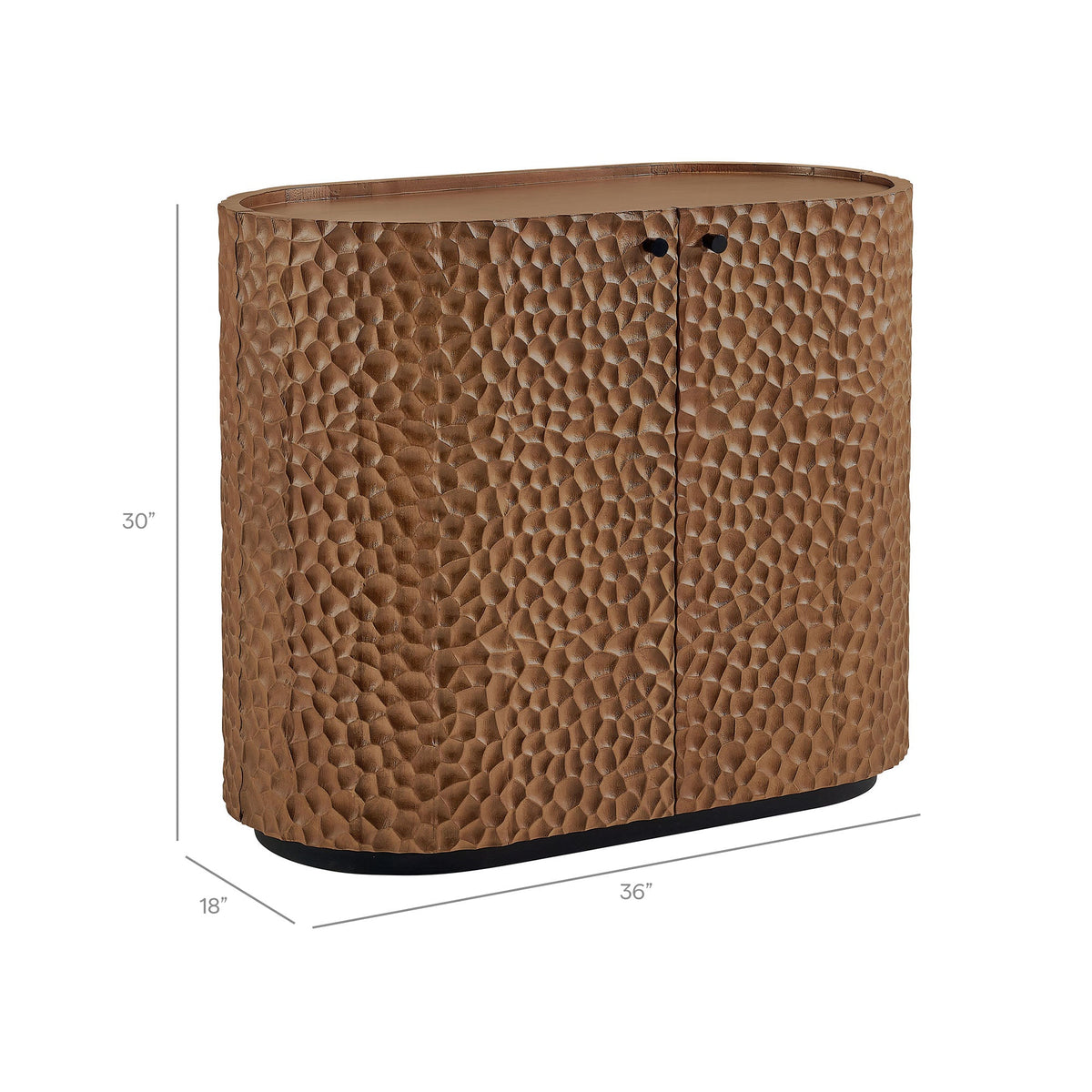Aven Walnut 36 Inch Chiseled Curved Wood 2 Door Accent Cabinet