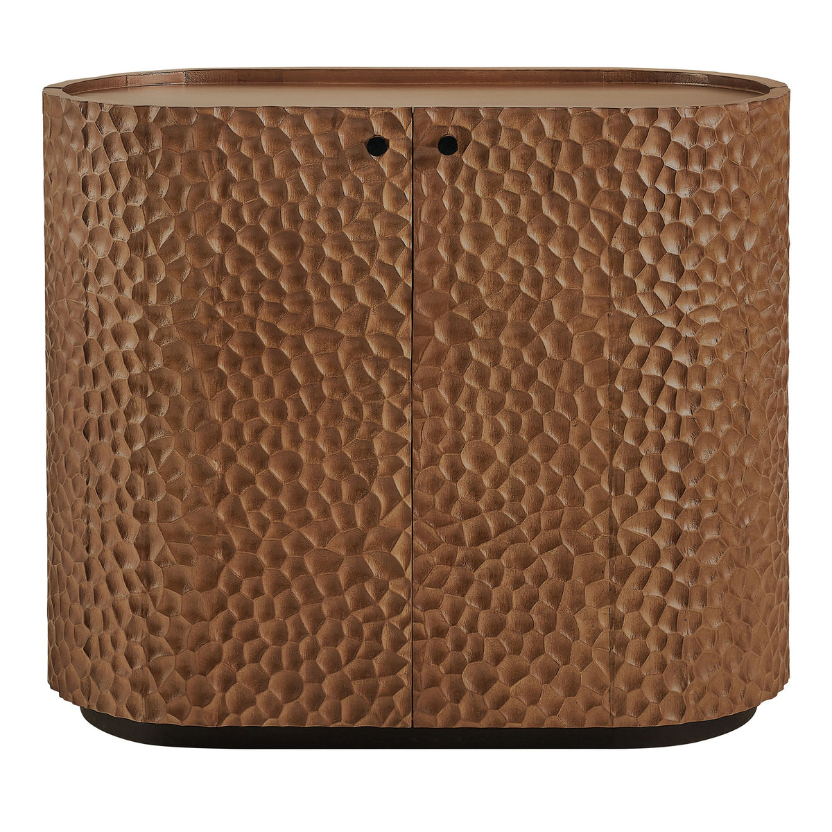 Aven Walnut 36 Inch Chiseled Curved Wood 2 Door Accent Cabinet