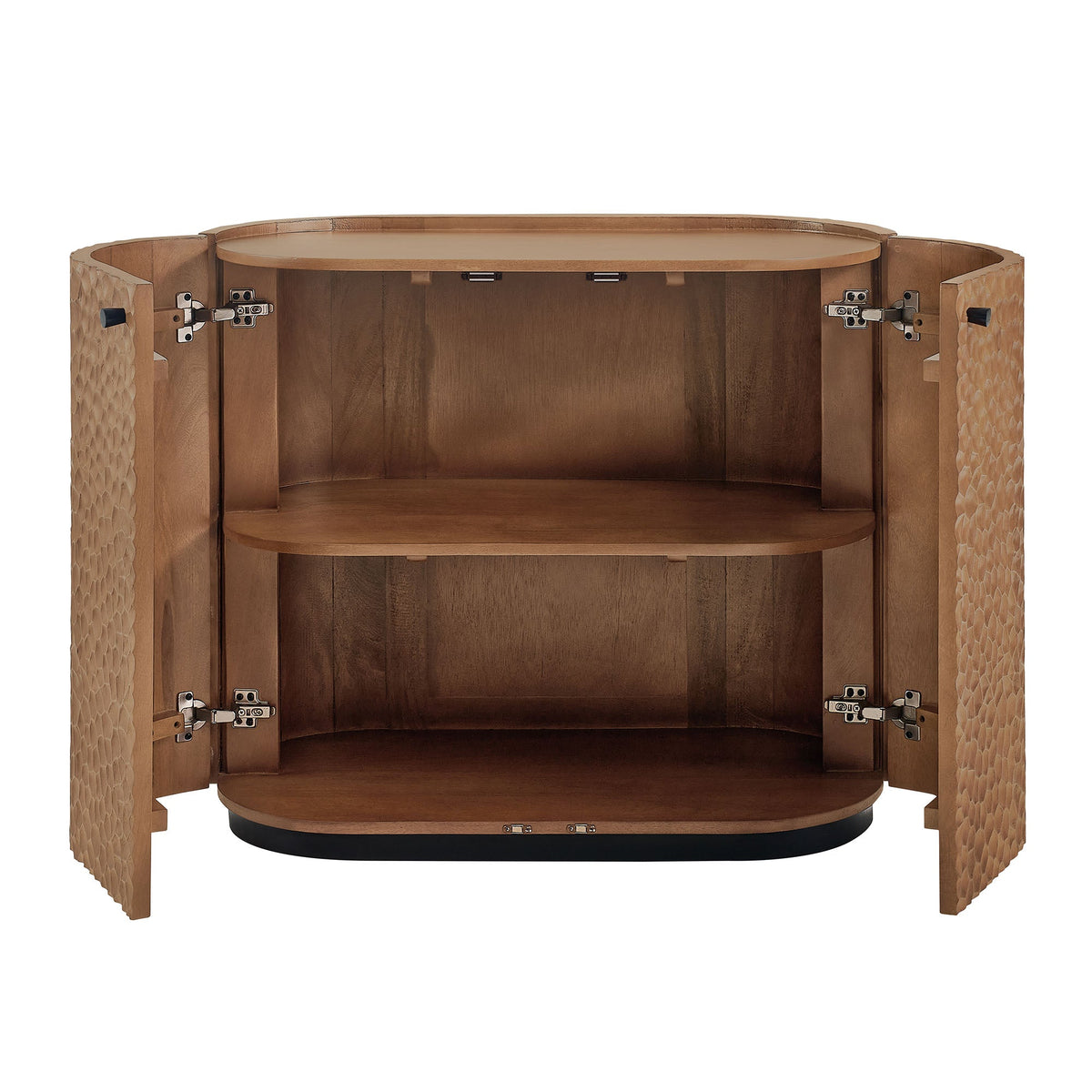 Aven Walnut 36 Inch Chiseled Curved Wood 2 Door Accent Cabinet