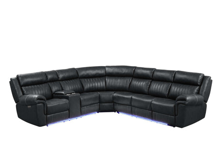 Aviator Black Leather Power Reclining Sectional w/ Console & Drop-down Touchpad - Ornate Home