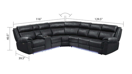 Aviator Black Leather Power Reclining Sectional w/ Console & Drop-down Touchpad - Ornate Home
