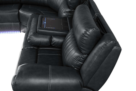 Aviator Black Leather Power Reclining Sectional w/ Console & Drop-down Touchpad - Ornate Home