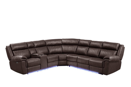 Aviator Brown Leather Power Reclining Sectional w/ Console & Drop-down Touchpad - Ornate Home