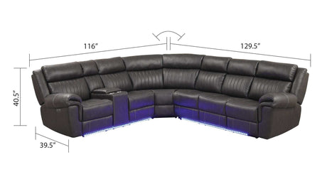 Aviator Gray Leather Power Reclining Sectional w/ Console & Drop-down Touchpad - Ornate Home