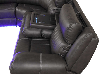 Aviator Gray Leather Power Reclining Sectional w/ Console & Drop-down Touchpad - Ornate Home
