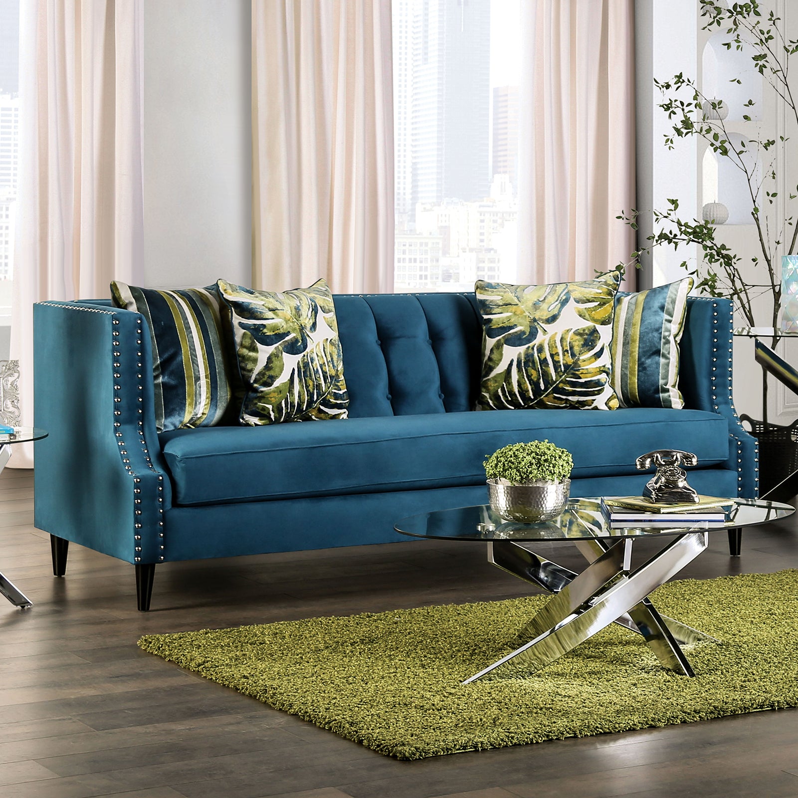 Azuletti Dark Teal/Apple Green Sofa & Loveseat - Ornate Home