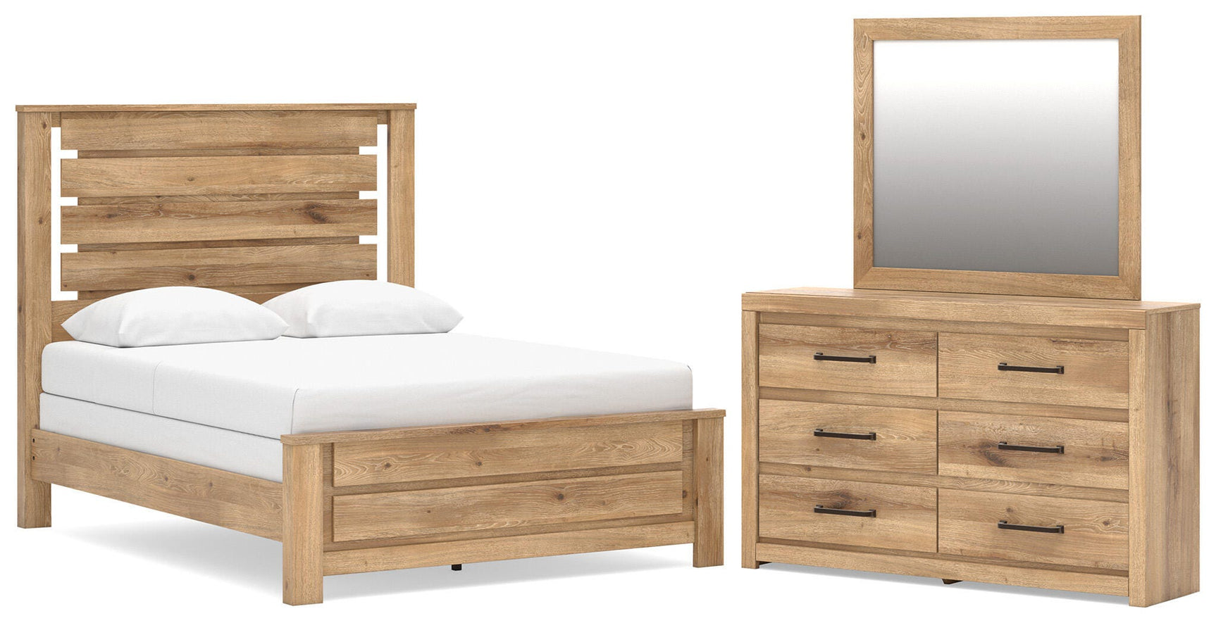 Brozmont Tan Queen Panel Bed, Dresser and Mirror