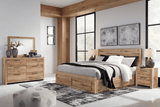 Hyanna Tan Brown Queen Panel Storage Bed w/ 2 Side & Fb Storage, Dresser, Mirror and 2 Nightstands