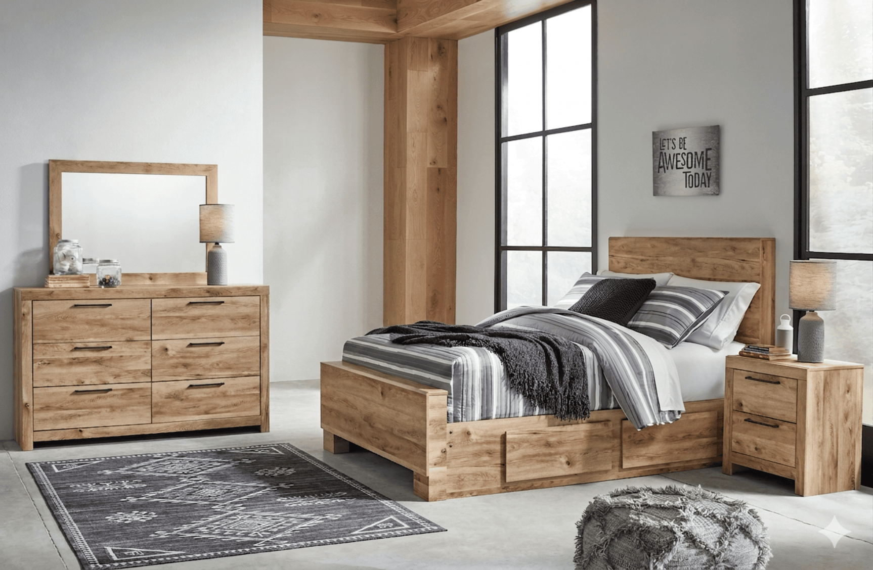 Hyanna Tan Brown Full Panel Bed w/ 1 Side Storage, Dresser, Mirror and 2 Nightstands