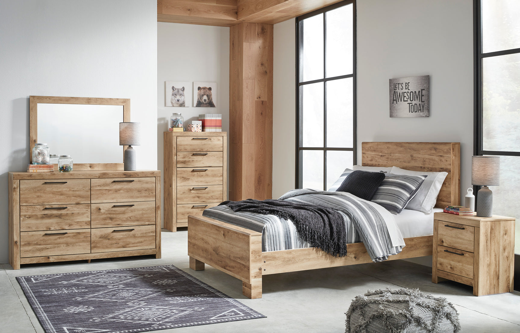 Hyanna Tan Brown Full Panel Bed, Dresser, Mirror and 2 Nightstands