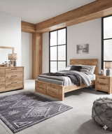 Hyanna Tan Brown Full Panel Bed w/ Fb Storage, Dresser, Mirror and 2 Nightstands